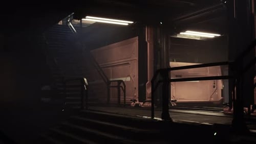 Dark Futuristic Space Corridor with Ascending Stairs Animation