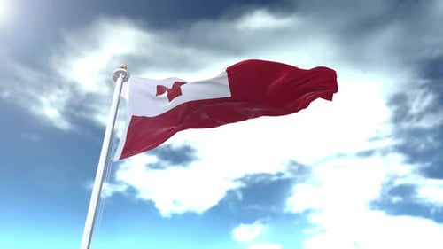 Tonga Flag Waving in Realistic Cloudy Sky