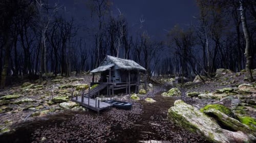 Cabin in the forest with Thunderstorm Sky