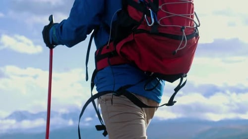Portrait of Man Hiker Doing Hiking Outdoors Mountain Background Caucasian Male Walks with Sticks and