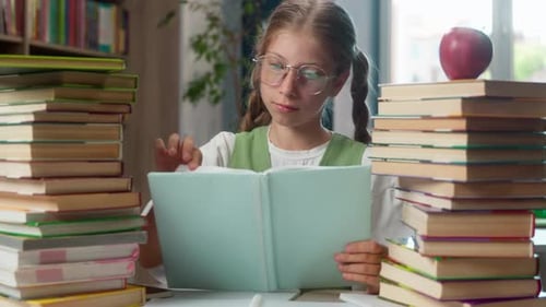 Caucasian Preteen Child Kid Read Book in School Thinking Little Girl Schoolgirl Student Daughter