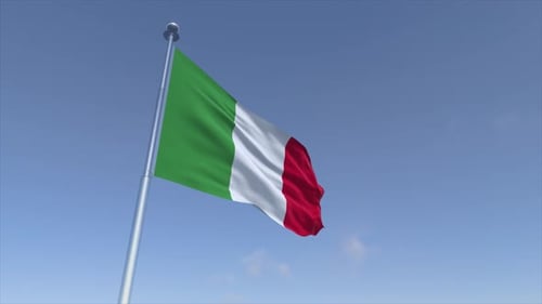 Italian Flag Waving in Realistic Slow Motion Against Blue Sky