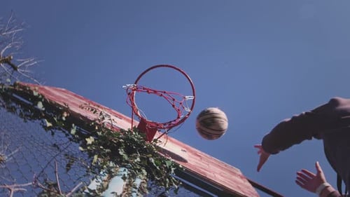 Upward View Basketball Ball Hits the Basket The Player Successfully Throws the Ball Into the Hoop