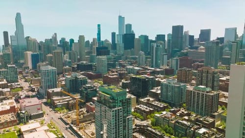 Scenic panorama of big modern city. Circle movement around the diverse architecture of Chicago city.