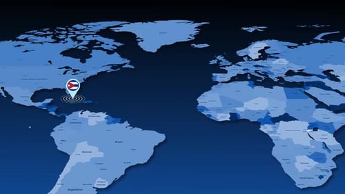World Map with Pulsating Cuba Location Pin Animation