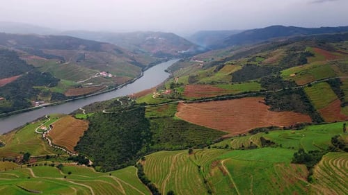 Drone Picturesque Terraced Hills Shape Dramatic Countryside Scene River Flowing