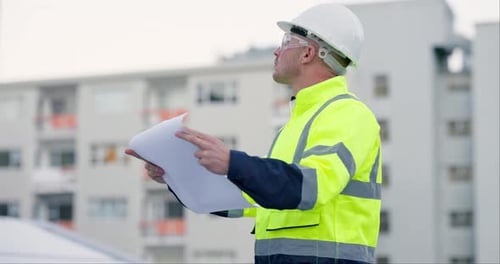 Engineer, blueprint and man with paper for city, planning and development of building with urban