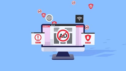 Animiertes Konzept einer Werbeblocker-Software zum Entfernen von Online-Anzeigen für sicheres Surfen.