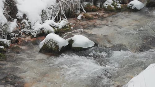 A shallow creek with the rocky bottom flows through the frozen landscape. Grass and stones are cover