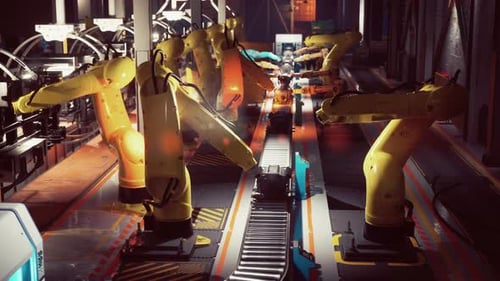 Sistema automatizado de correia transportadora operando com braços robóticos em uma fábrica