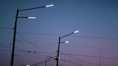 Street Lanterns Illumining City Road Purple Evening Time. Saving Energy Lamps. Modern