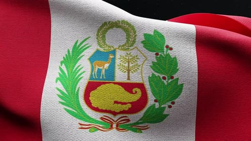 Realistic Waving Flag of Peru with National Coat of Arms Emblem