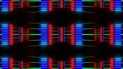 Dynamic green geometric light trails pulse rhythmically in darkness