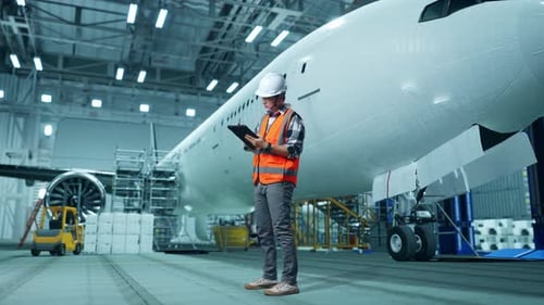 Asian Male Engineer Taking Note On A Tablet And Looking Around While Aircraft Maintenance