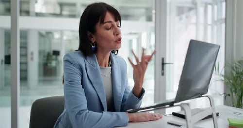 Business, video call and woman in office, laptop and financial agency with virtual meeting