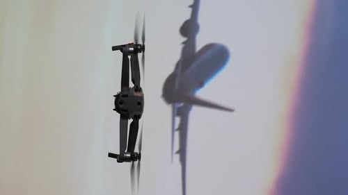 Vertikale Videodrohne fliegt neben einem Flugzeug Eine Drohne auf einem Flughafen
