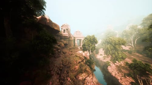Cinematic Aerial Perspective of Weathered Temple Ruins Shrouded in Morning Mist