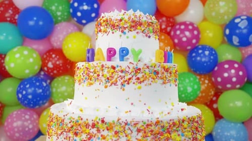 Colorful Birthday Cake with Balloons Celebration