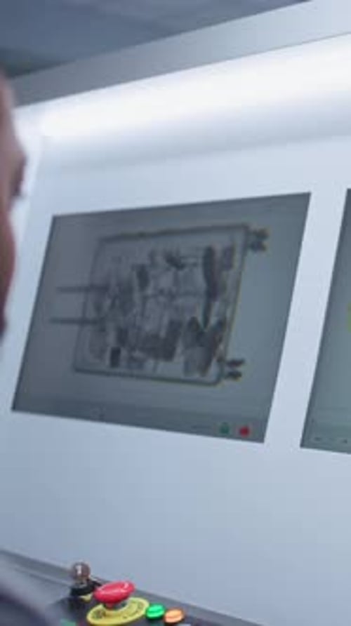PC Monitors Showing Modern Software for Advanced Xray Scanning at Airport Security Checkpoint