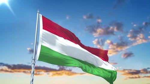 Realistic Hungarian Flag Waving in a Clear Blue Sky
