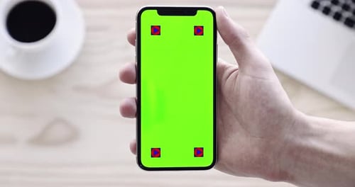 Phone, green screen and hands with advertising, social media or website mockup for information