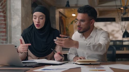 Arabian Business Team Corporate Learning Working Process Man with Woman Office Colleagues Coworkers