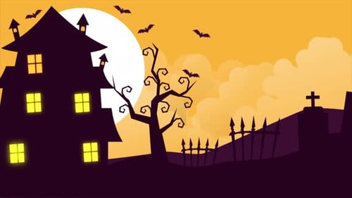 Spooky Halloween Night with Haunted House and Flying Bats Animation