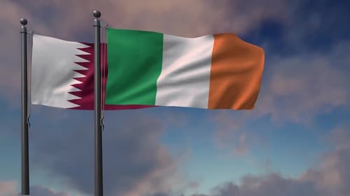 Qatar And Ireland Flags Waving Realistically In Wind