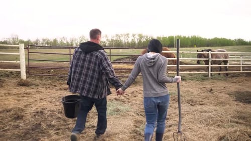 Couple Walks Hand-in-Hand Towards Horses on Farm