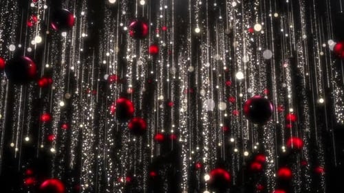 Shimmering Red Baubles and Golden Glitter Particles Falling Background