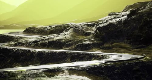 Winding Road Through Rugged Mountains Under a Surreal Yellow Sky