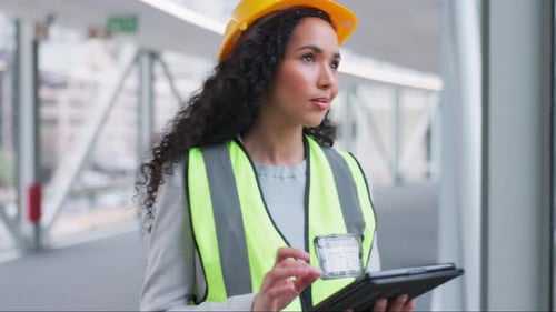 Architecture woman, building and tablet for design planning, construction and bridge progress