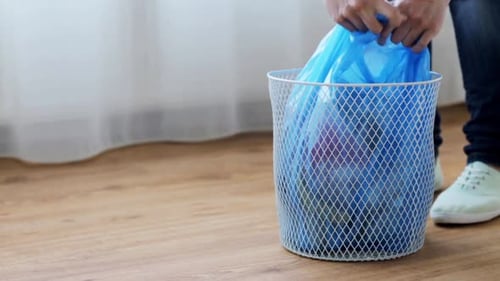 Woman Tying Trash Bag Housework Montage