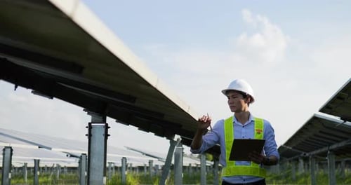Asian young inspector engineer man checking solar panel in solar farm