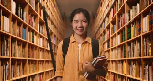 Asian Woman Student With A Backpack And Some Books Standing And Smiling To Camera In The Library