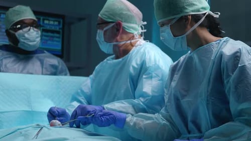 Team of Professional Medical Surgeons Performs the Surgical Operation in a Modern Hospital Doctors
