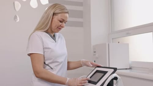 Woman Using Touchscreen Medical Equipment in Clinic
