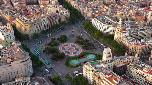 Aerial view of Plaça Catalunya in Barcelona, Spain. This square is considered to be the city center