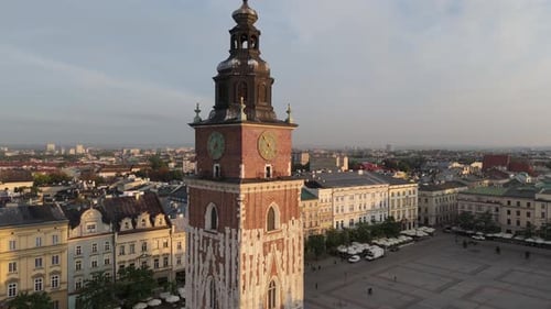 Aerial View of Town Hall Tower on Market Square in Central Historical Tourist Part of Krakow at