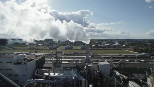 Industrial Landscape Large Wood Processing Factory View of Steel Pipes and Tanks From Height