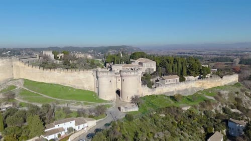 Panoramic drone view of Fort Saint Andre, medieval fortress, Avignon, France