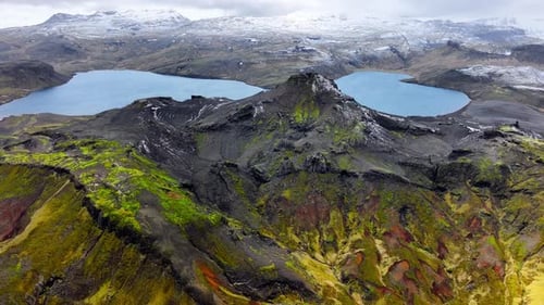 Turquoise Water in Mountain Lake Aerial View of Blue Lake and Huge Volcanic Mountains in Iceland