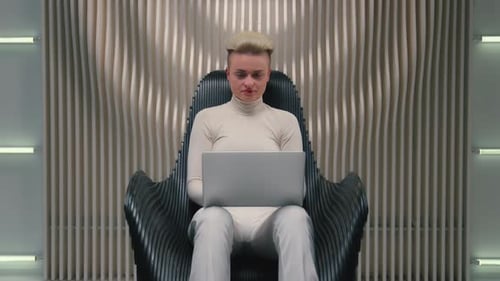 Caucasian Woman Girl in Futuristic Studio Coder Gamer Female IT Programmer Hacker Software Computer