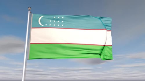 Uzbekistan National Flag Waving Against Blue Sky
