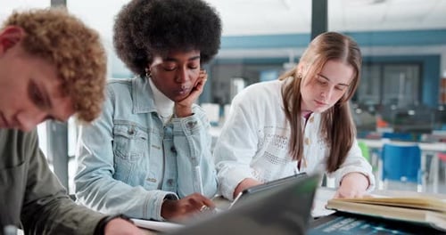 Education, study group and writing with student friends in library of college