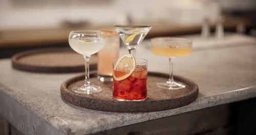 Drinks, hospitality and service on counter of bar for celebration, event or party with alcohol
