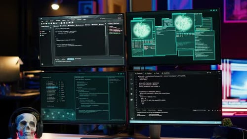 Software Developer's Futuristic Office at Night