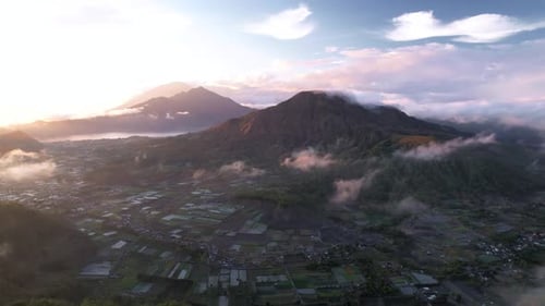 Aerial view of mountains and valley, Mount Batur, Indonesia.