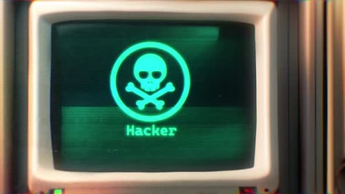 Retro Hacker Skull Icon Animation on Vintage CRT Monitor