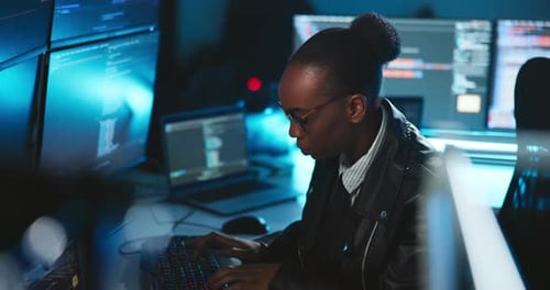 Business, computer and black woman in workplace, cyber security and thinking with software update
